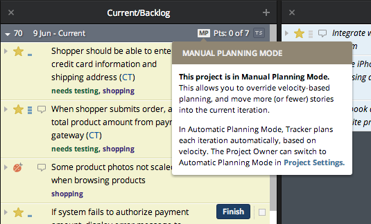 Manually planning mode in Pivotal Tracker