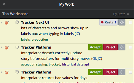 The My Work panel in Pivotal Tracker