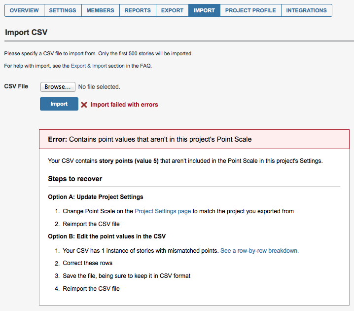 Import CSV errors in Pivotal Tracker