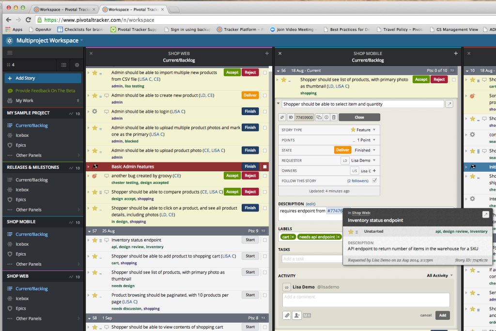 Story dependencies made visible with labels and links to stories in other projects.