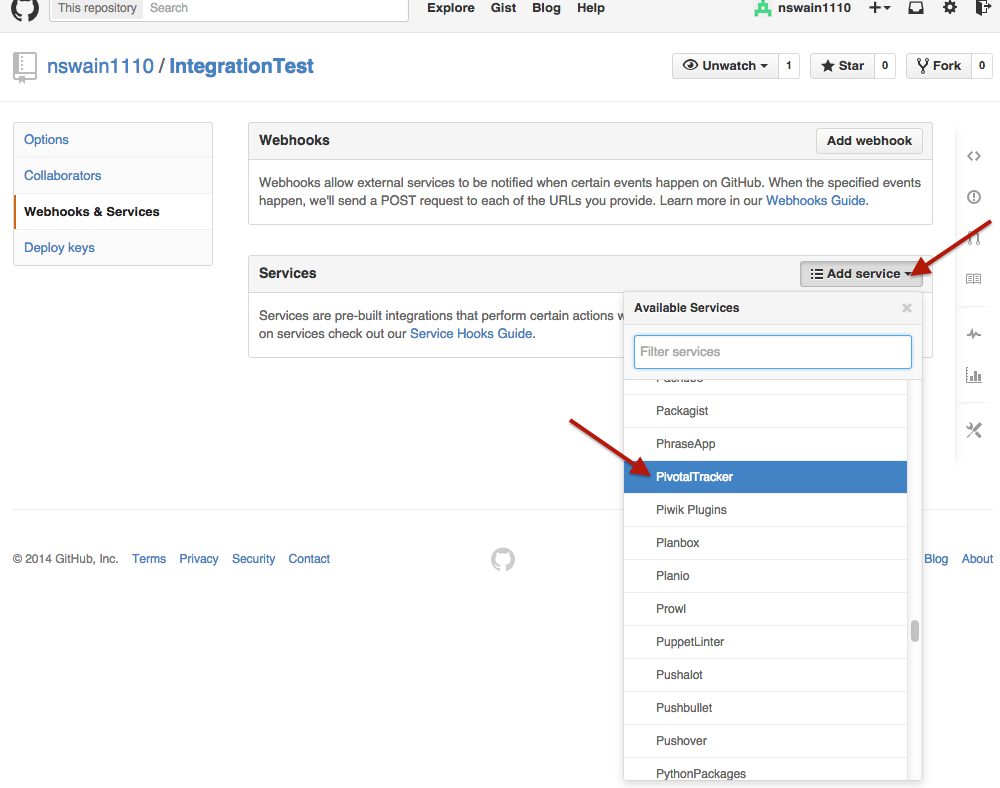 Setting up the GitHub service hook for Pivotal Tracker