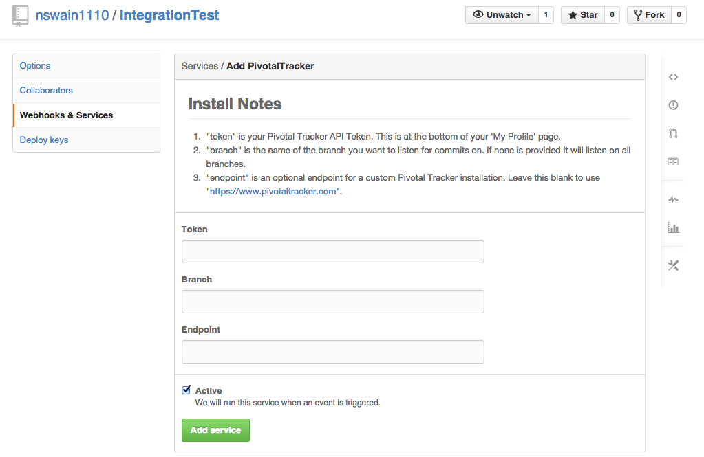 Setting up the GitHub service hook for Pivotal Tracker