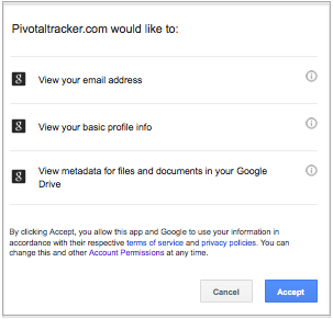 Dialogue for granting Pivotal Tracker access to Google files
