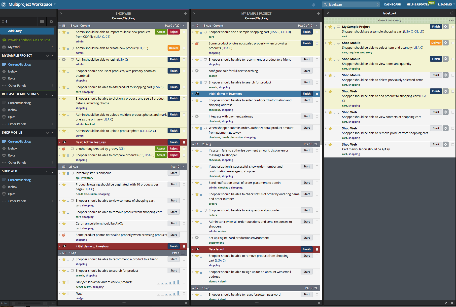 Searching across projects in your Workspace in Pivotal Tracker