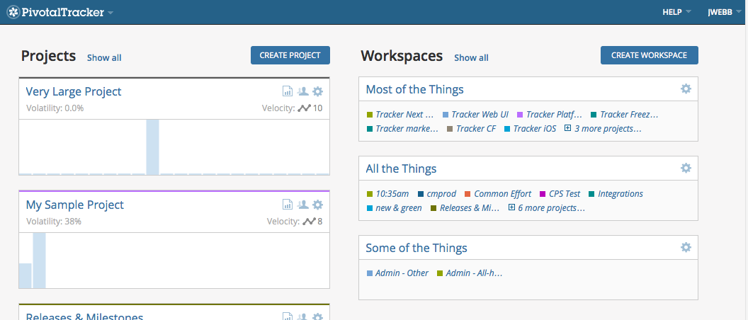 Workspaces dashboard in Pivotal Tracker
