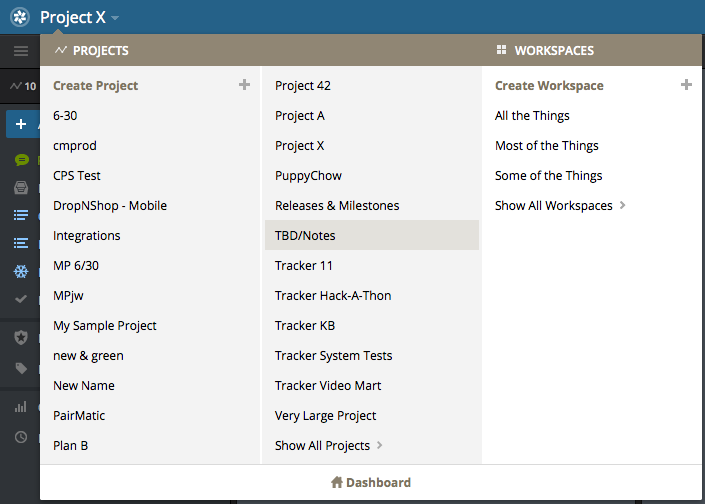 Workspaces dropdown in Pivotal Tracker