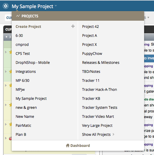 The project dropdown in Pivotal Tracker