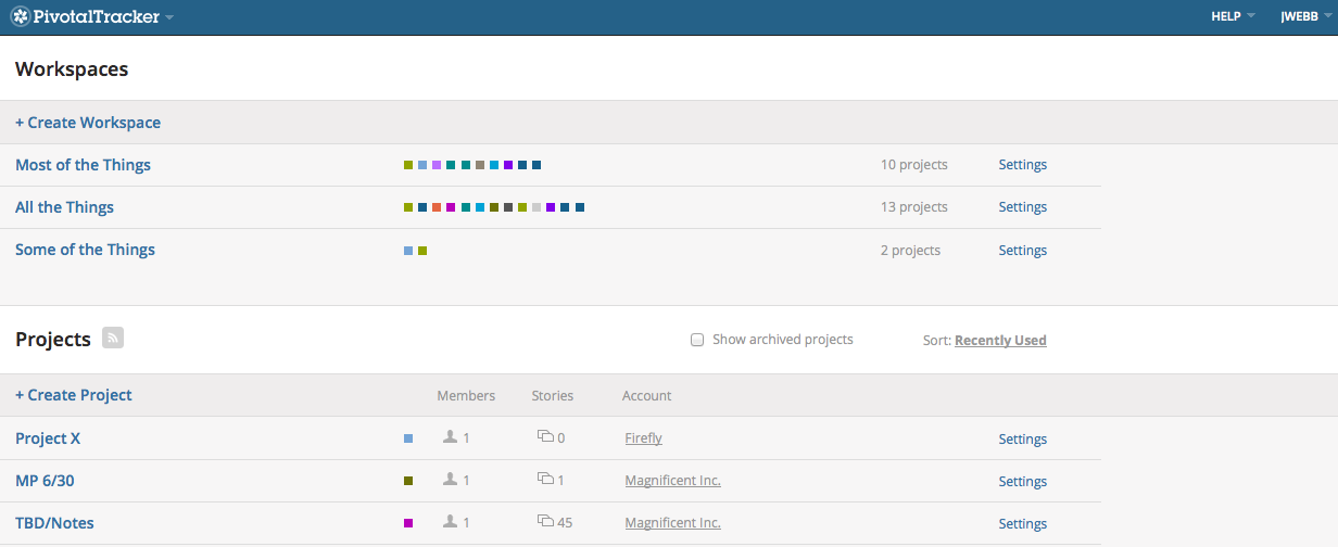 Pivotal Tracker Projects page