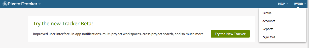 The user menu in Pivotal Tracker
