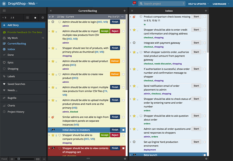 Redesigned Pivotal Tracker beta Project page