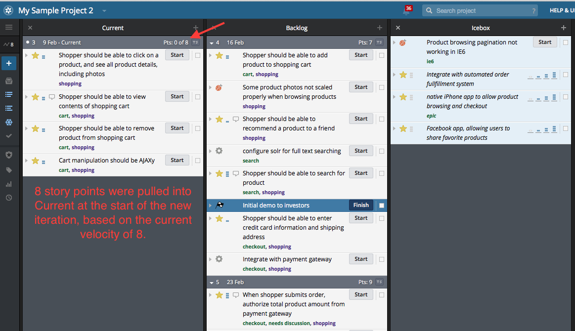 Screenshot showing velocity in a Pivotal Tracker project