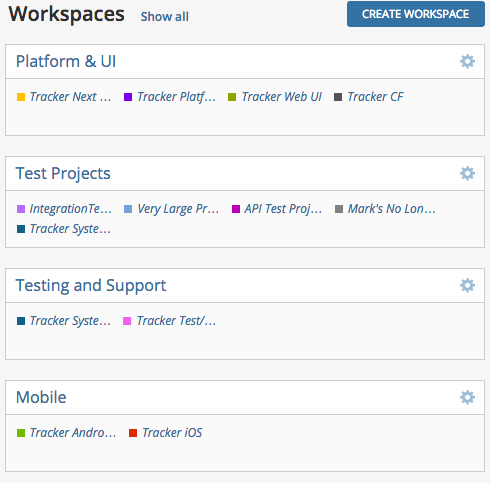 The Workspaces dashboard in Pivotal Tracker