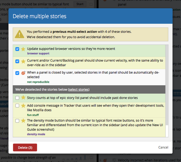 The dialogue for deleting multiple stories in Pivotal Tracker