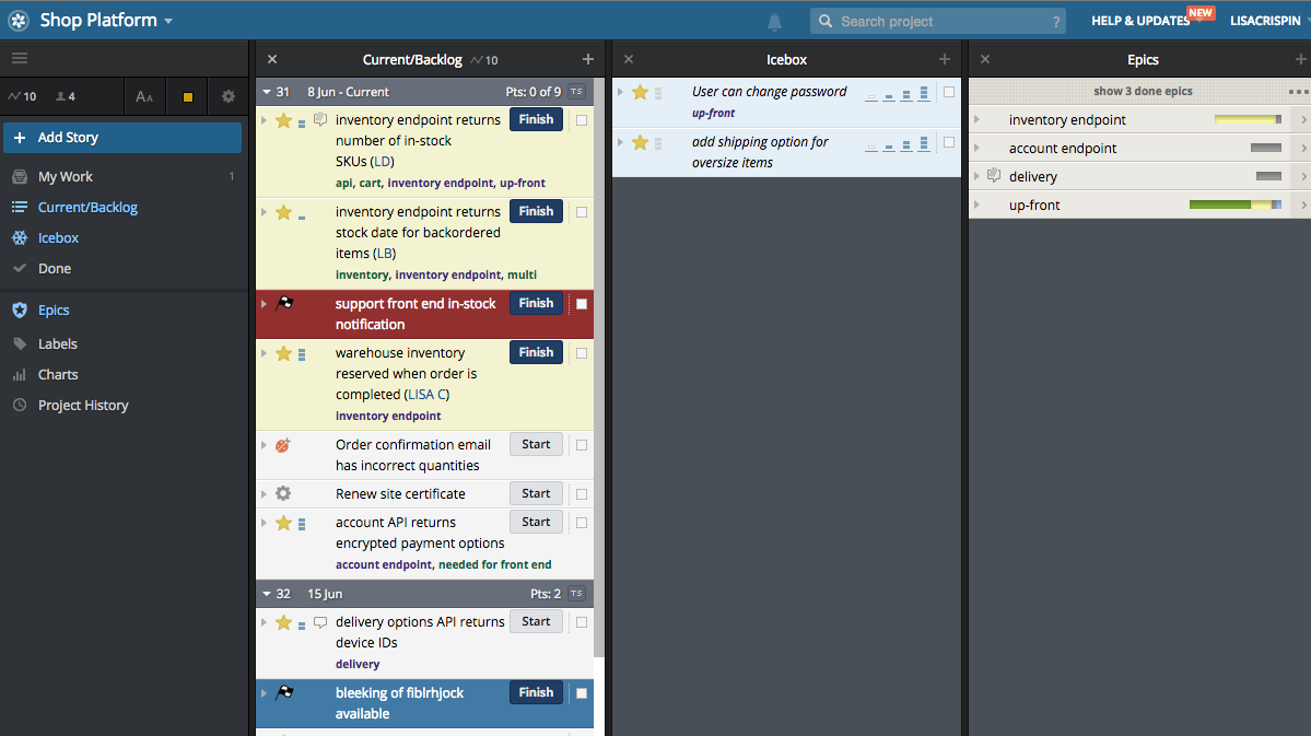 View of a project in Pivotal Tracker