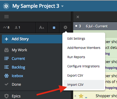 The Import CSV option in Pivotal Tracker