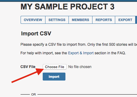 Choosing a CSV file to import