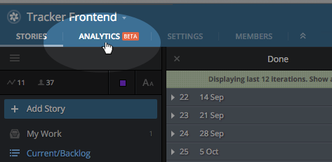 Pivotal Tracker Analytics menu