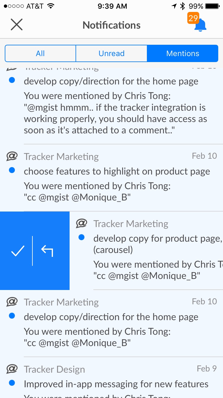 Screenshot of Notifications panel in the new Pivotal Tracker iOS app