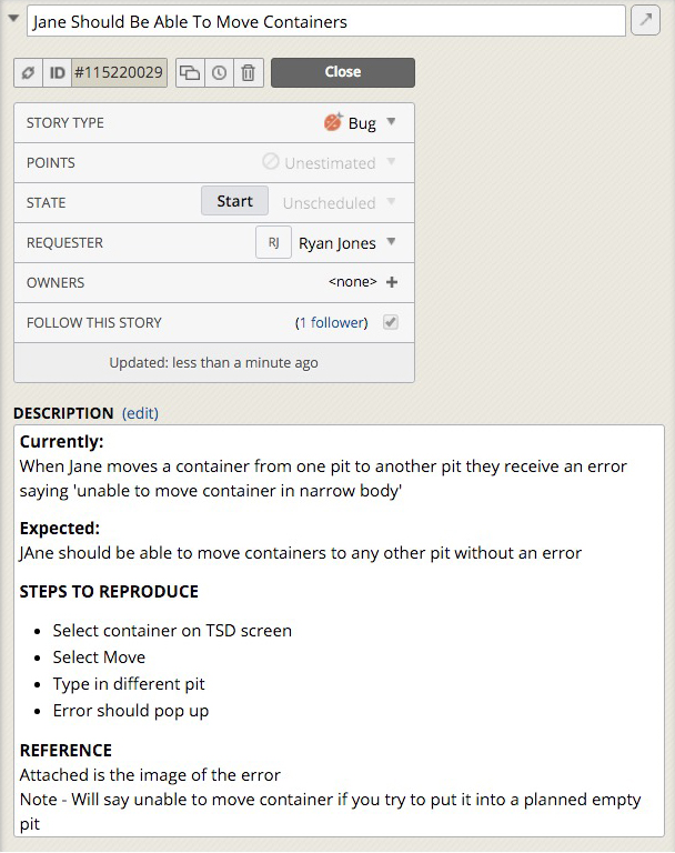 Screenshot showing a bug story in Pivotal Tracker