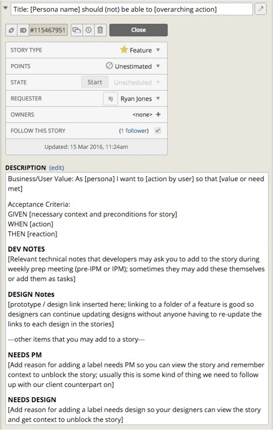 Using a feature story template in Pivotal Tracker