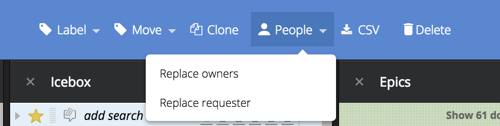 Replacing owners or requesters in the Bulk Actions menu in Pivotal Tracker