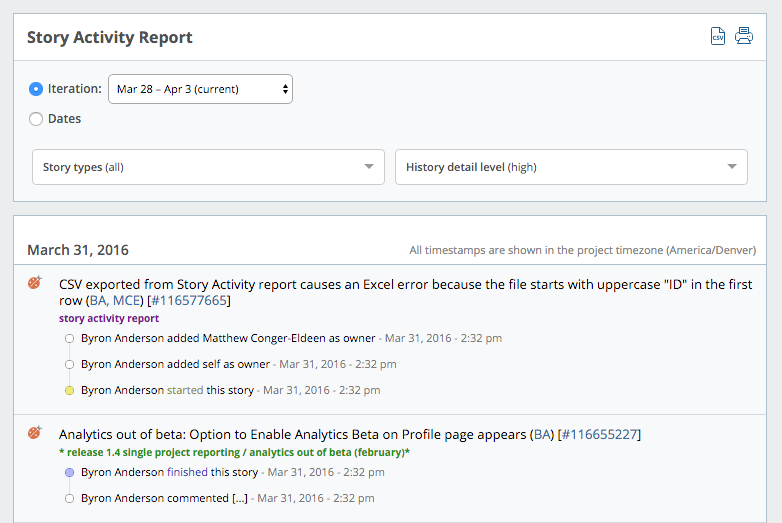 Story Activity in Pivotal Tracker