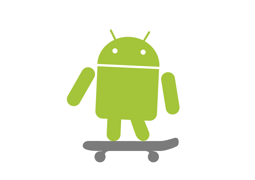 The Android android riding a skateboard.