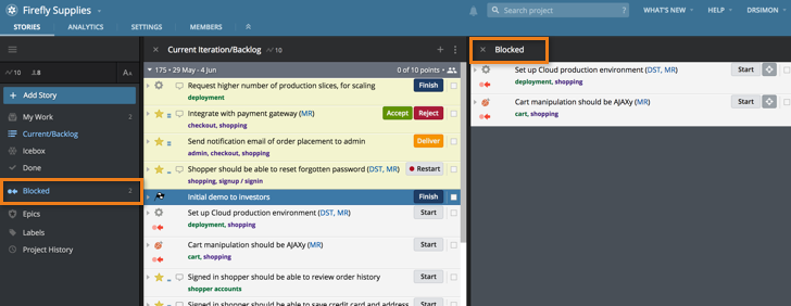 Screenshot showing blockers in a Pivotal Tracker project.