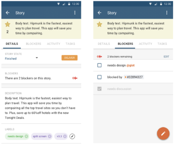 Preview image of blockers on Pivotal Tracker mobile apps.