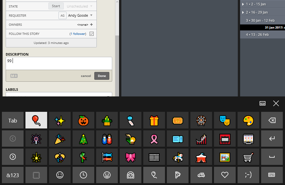 The Windows 10 emoji keyboard in Pivotal Tracker.