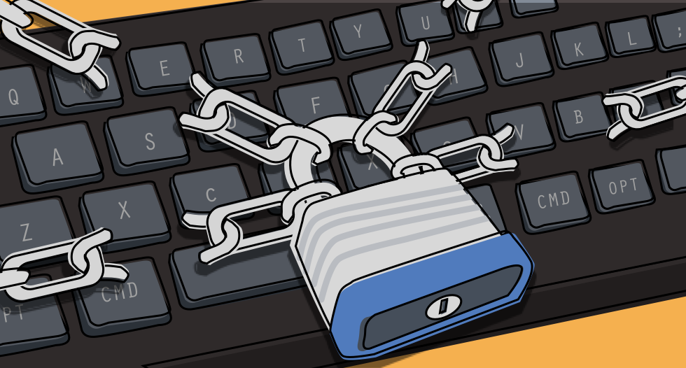 Illustration of a keyboard being hacked.