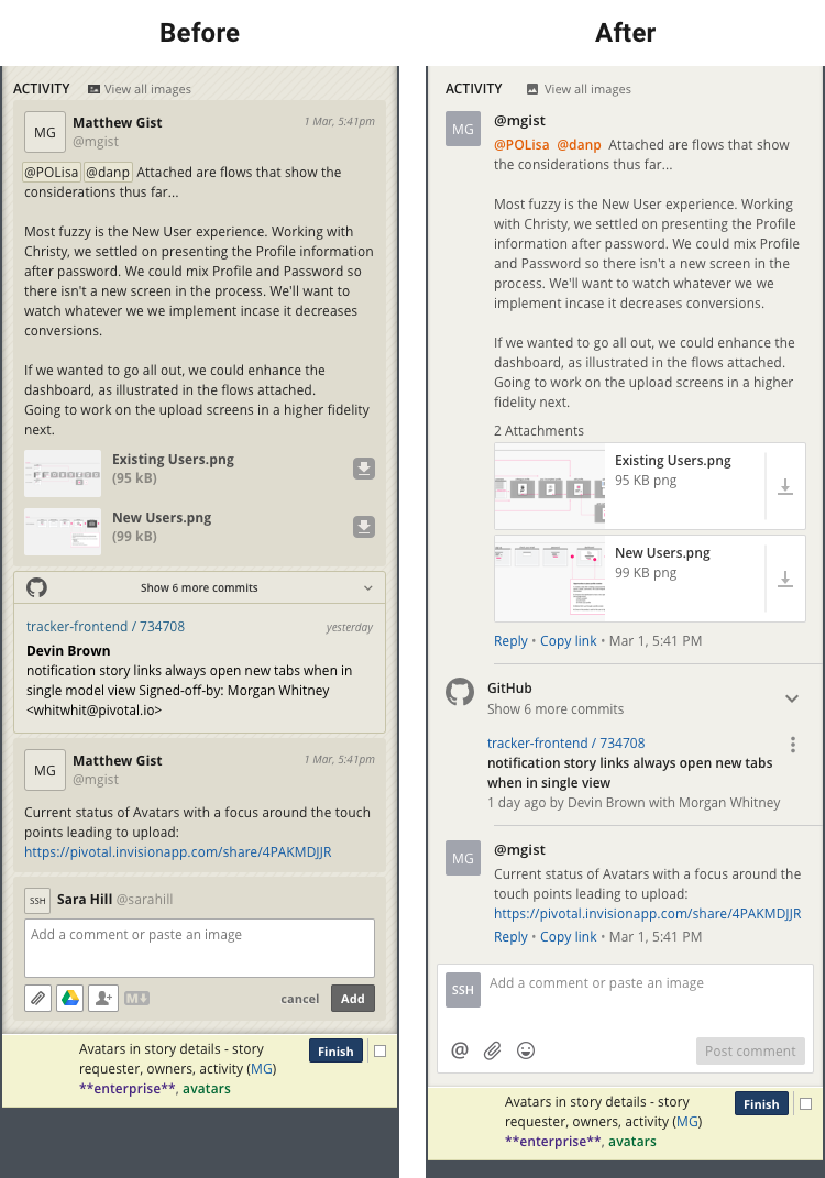 Screenshot comparing the before and after story activity panels in Pivotal Tracker.