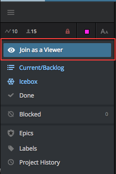 Screenshot showing Join as Viewer option in Pivotal Tracker.