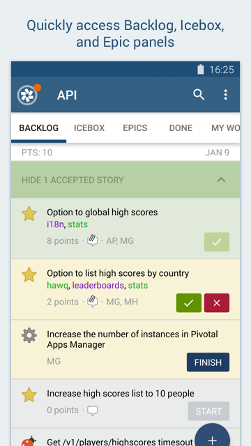Screenshot showing project view in the Pivotal Tracker Android app.