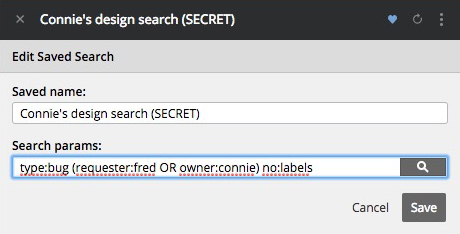 Editing a saved search in Pivotal Tracker.