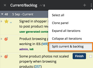 Use Split current and backlog or Combine current and backlog in the Panel actions menu at the top of the panel to split or combine Current and Backlog.