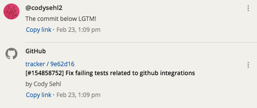 Commit comments in the new Tracker GitHub integration.
