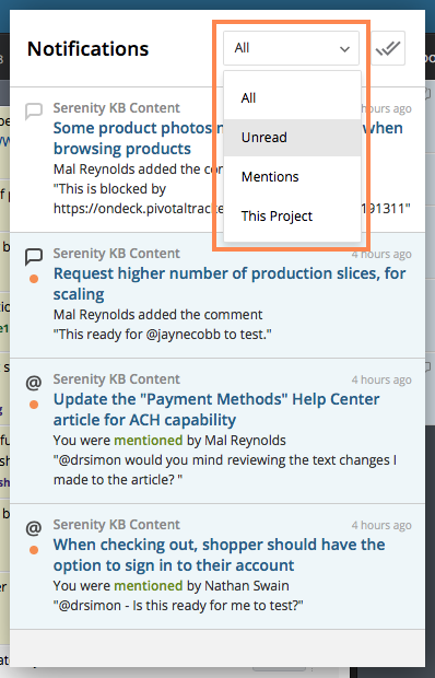 Revamped in-app notifications in Pivotal Tracker