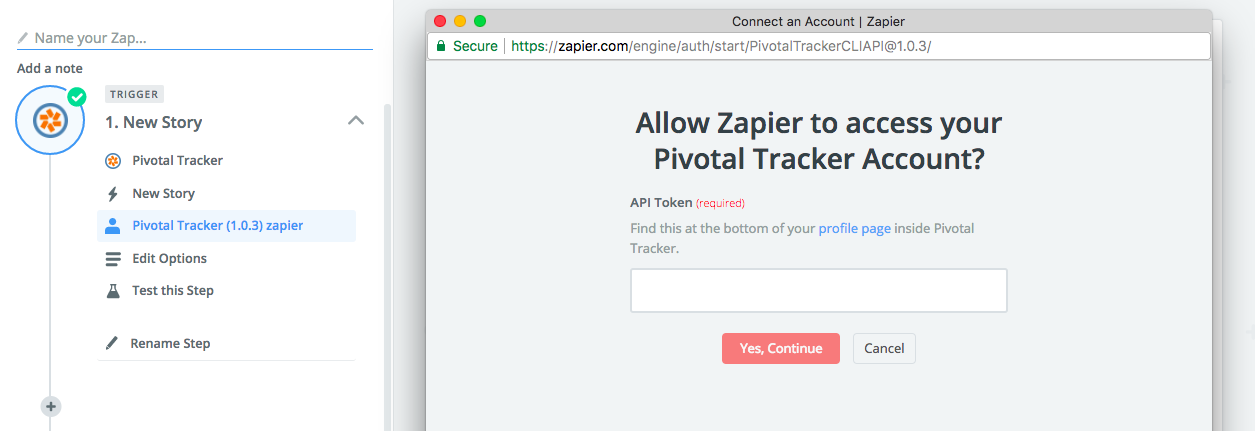 Authorize Zapier to connect to your Pivotal Tracker account.