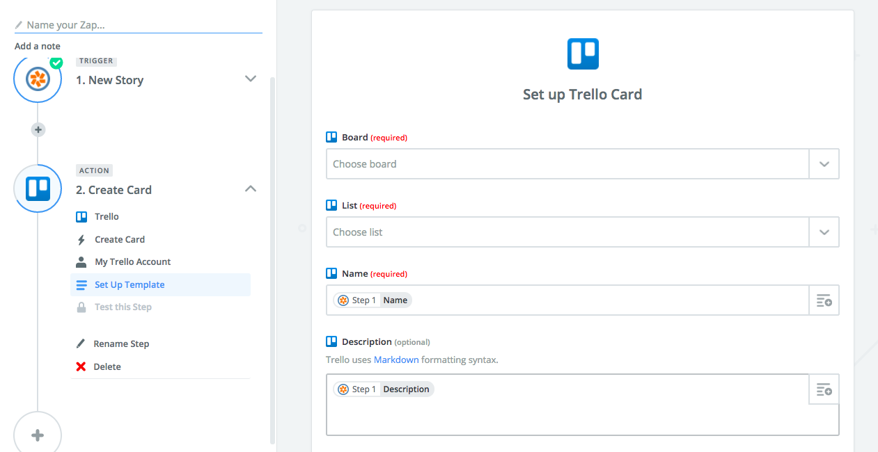 Use the dropdowns in each Trello field to map the Pivotal Tracker data to Trello.